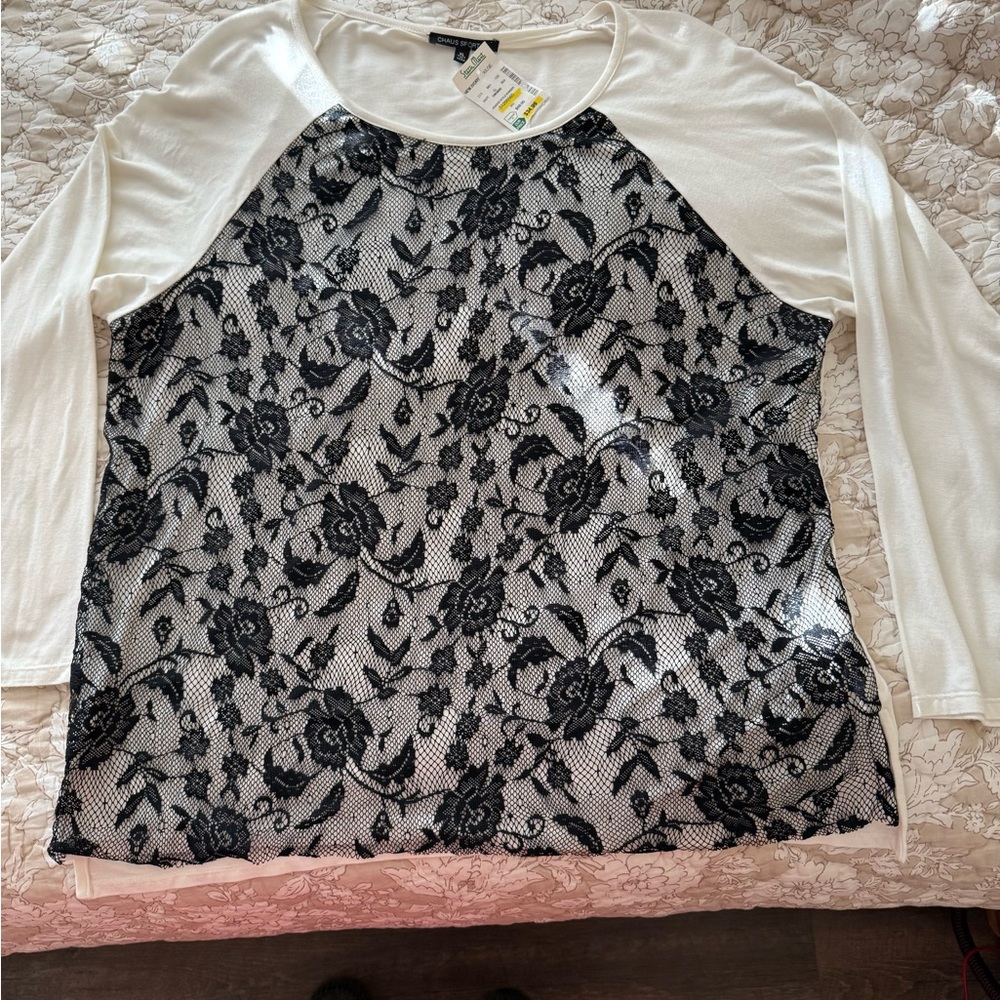 Chaus Black and White Floral Lace Long Sleeve Top